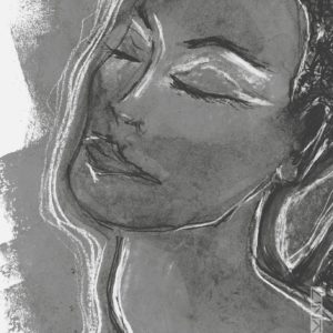 A greyscale portrait art print of a woman with her eyes closed and a logo underneath.