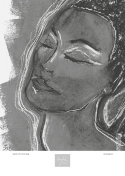 A greyscale portrait art print of a woman with her eyes closed and a logo underneath.