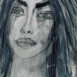 Bluish portrait art print of a woman having intense eyes and full lips.