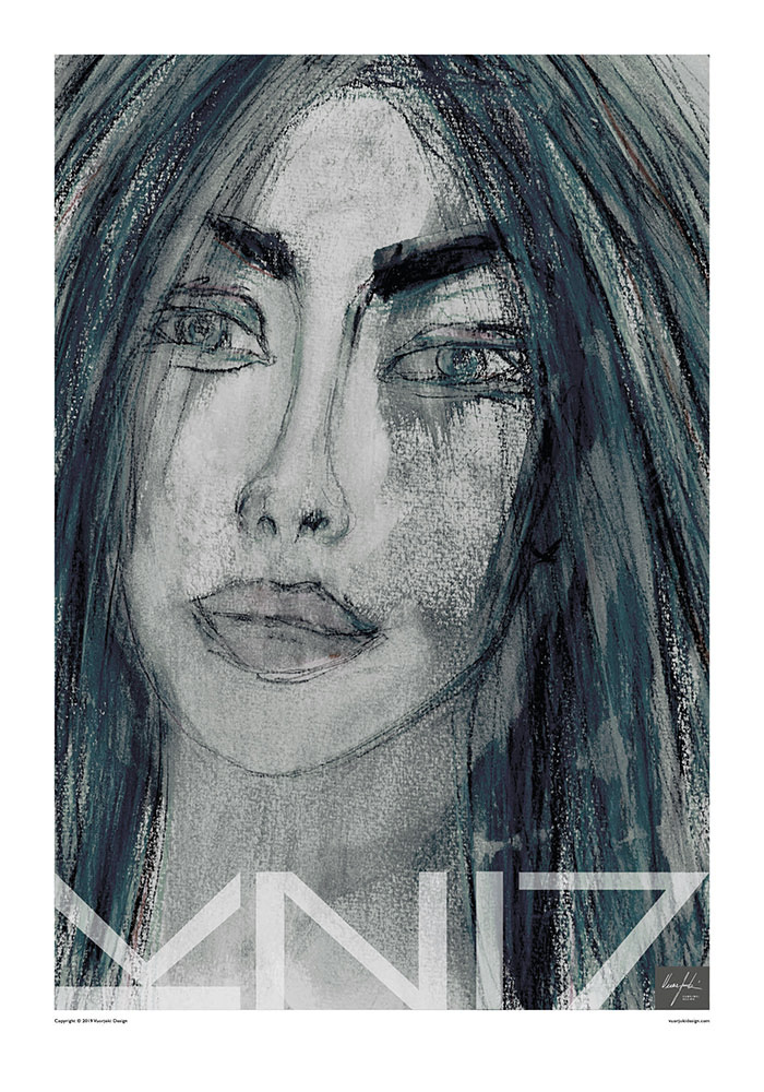 Bluish portrait art print of a woman having intense eyes and full lips.