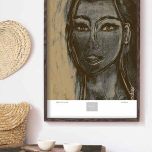 Picture of a wooden cabinet with baskets and a cup on top and a framed art print on the wall