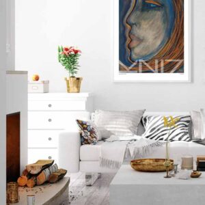 Picture of a white living room with a fireplace and plants and a colorful art print on the wall