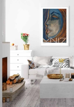 Picture of a white living room with a fireplace and plants and a colorful art print on the wall