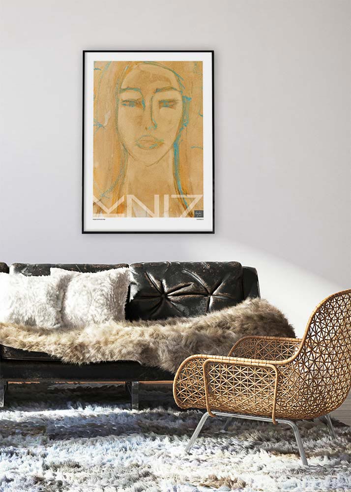 Picture of a living room with black leather sofa and a wicker chair and a framed large yellow art print on the wall