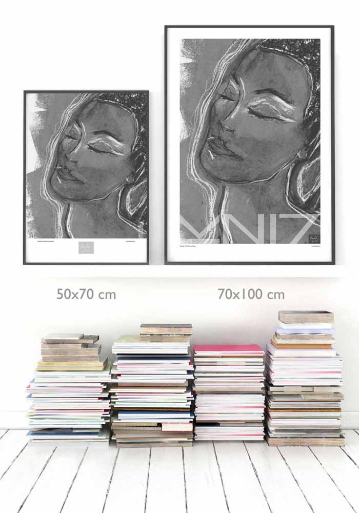 Size comparison of two framed art prints on a shelf, both picturing a woman with her eyes closed, with piles of books underneath.